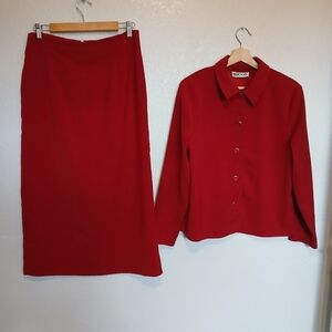 Briggs Red 2 Piece Skirt Suit Set Long Maxi Skirt & Matching Jacket Skirtsuit